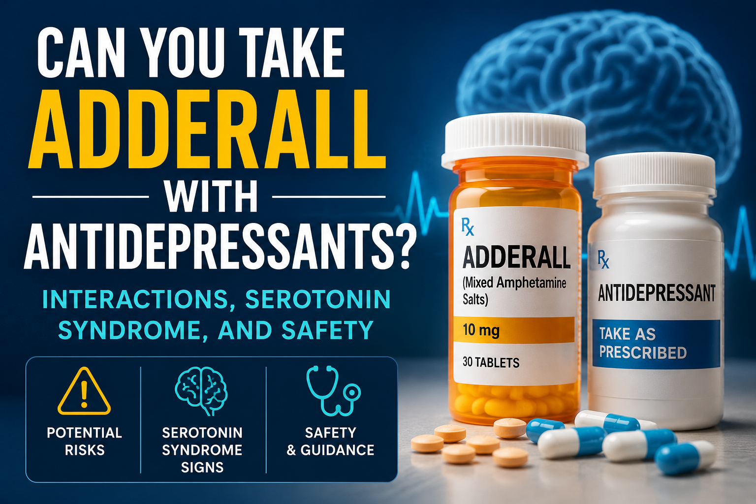Featured graphic asking whether Adderall can be taken with antidepressants, showing an Adderall bottle beside an antidepressant bottle with icons for potential risks, serotonin syndrome signs, and safety guidance." Short field: "Can you take Adderall with antidepressants? Graphic covering interaction risks, serotonin syndrome signs, and safety guidance.